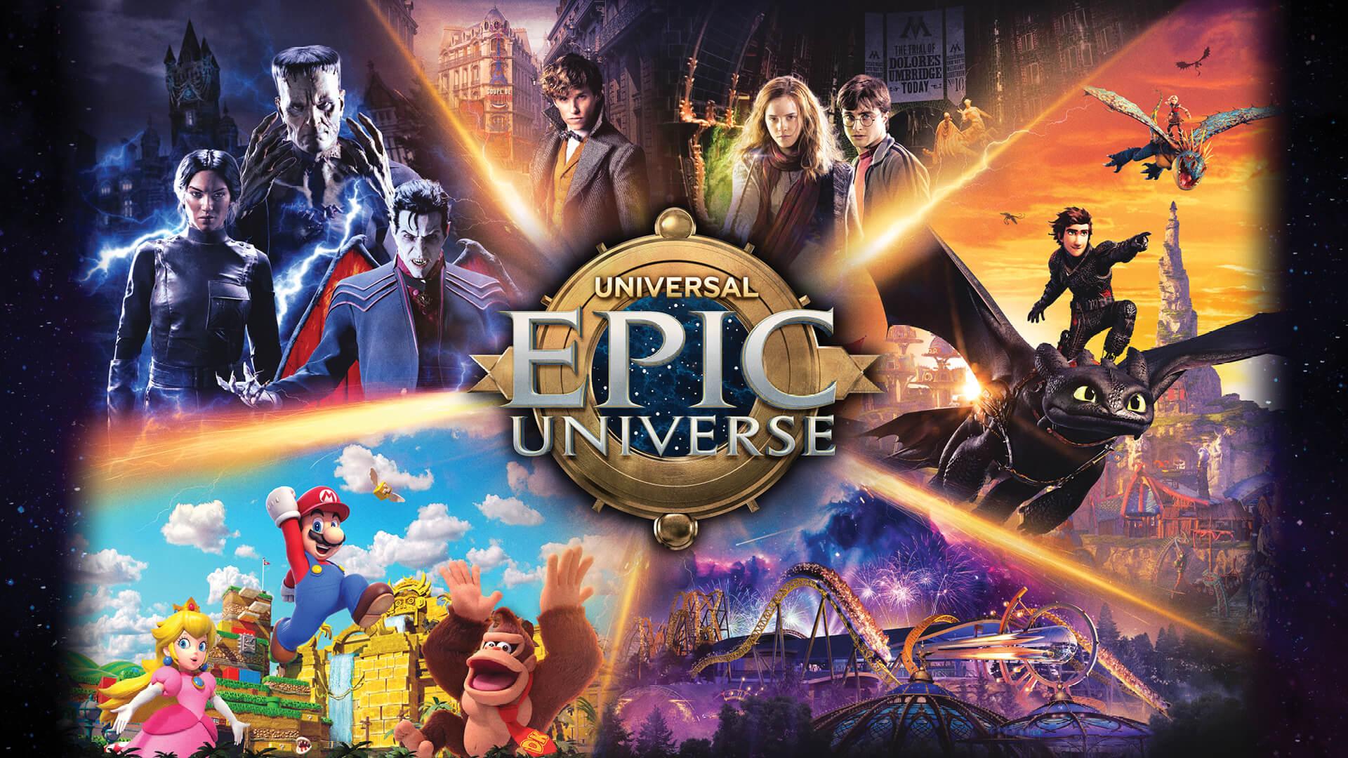 Universal Epic Universe collage with Harry Potter, classic monsters, Mario, and Despicable Me characters.