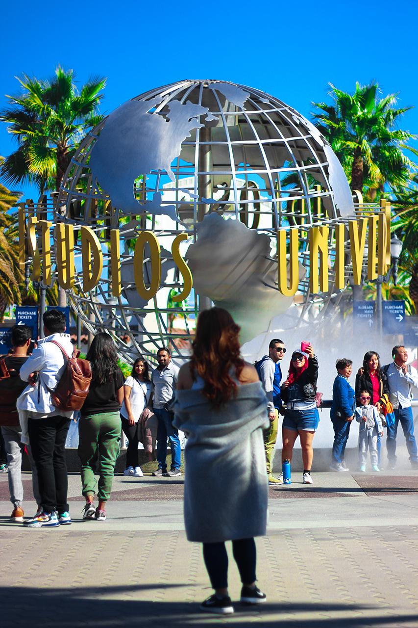 Universal Studios globe with visitors, Los Angeles