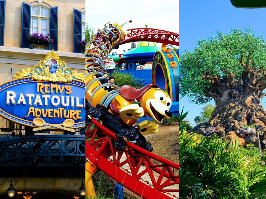 EPCOT, Hollywood Studios, and Animal Kingdom attractions collage promoting the 3-day Disney pass offer — 3 parks from $89/day