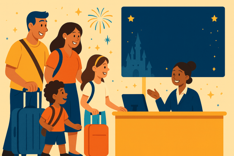 Family checking in at a Disney World Resort Orlando hotel—illustration for deals for Disney World hotels and Walt Disney World Resort special offers
