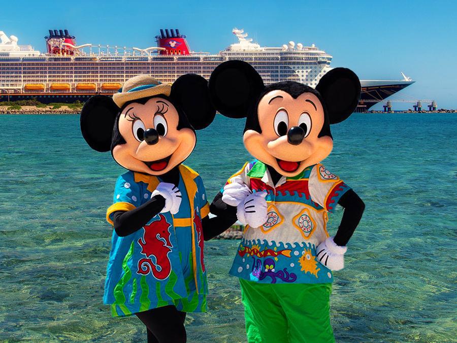 Mickey and Minnie in tropical outfits in front of a Disney cruise ship during Cruise Disney deals