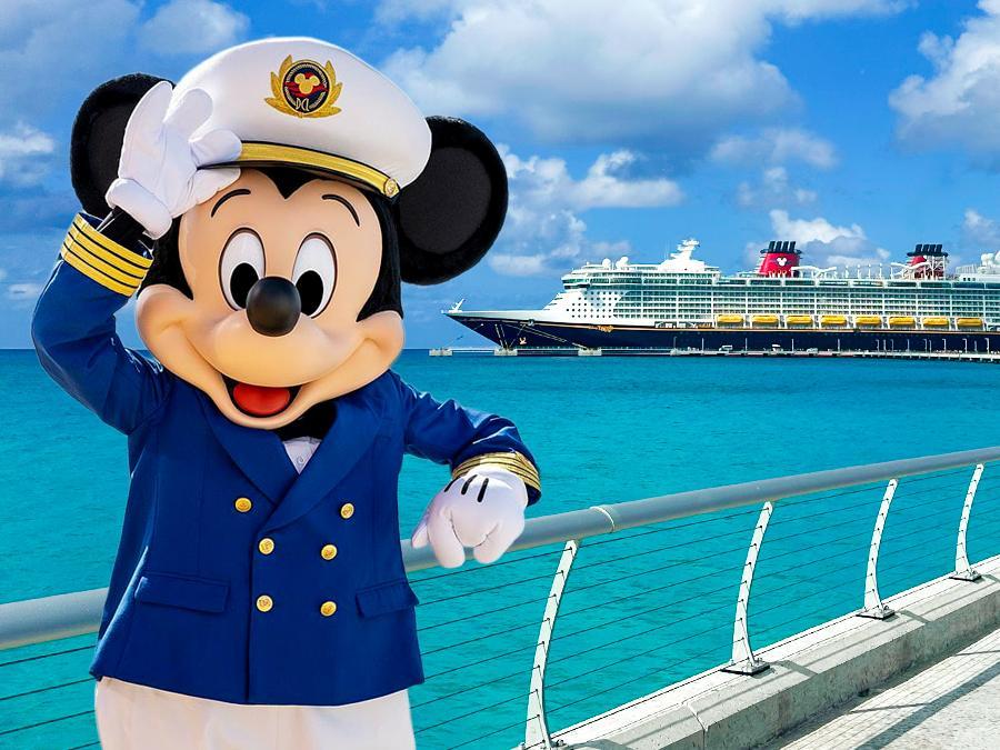 Captain Mickey waving on a pier with a Disney Cruise Line ship in turquoise water — disney cruise deals (50% off 3rd & 4th guests)