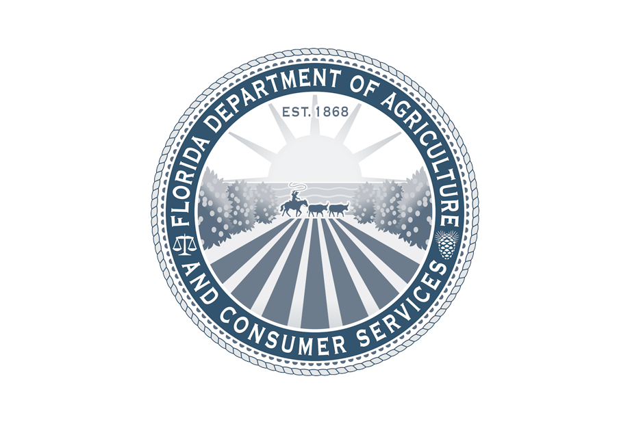 Florida Department of Agriculture and Consumer Services seal with farmer, crops, sun, and 1868 date.