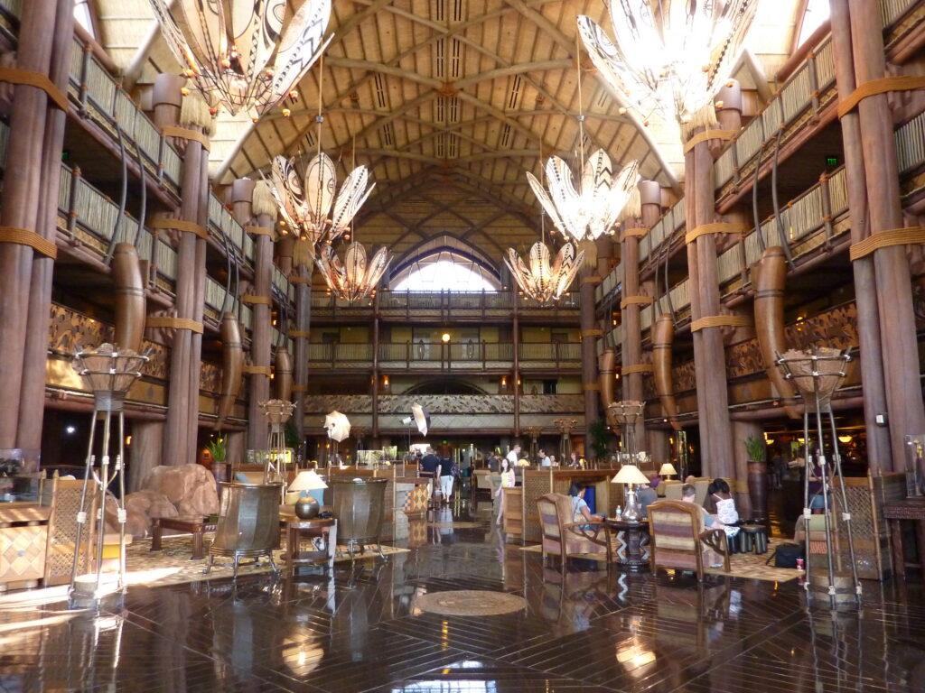 Lobby at Animal Kingdom Lodge Resort at Walt Disney World with thatched roof and chandeliers